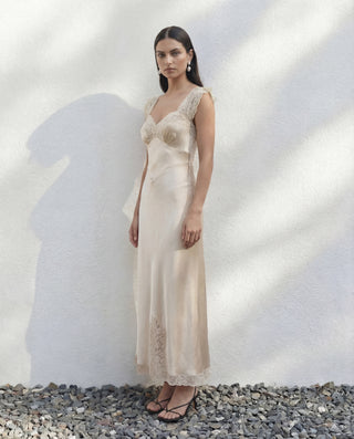 Front view of Romy dress in Affogato with Leavers lace trim