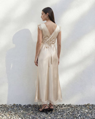Back view of Romy silk midi dress in Affogato with low V back