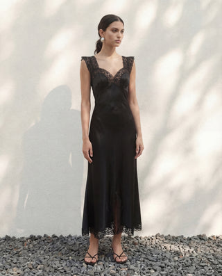 Front view of Romy silk bias-cut midi dress in Onyx