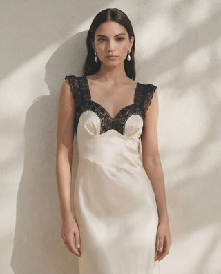 Detail of Leavers lace trim on Romy dress in Truffle