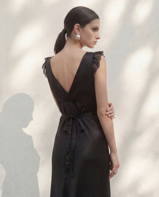 Detail of Leavers lace trim on Romy dress in Onyx