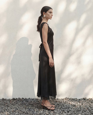 silk midi dress black The Romy bias cut silk dress