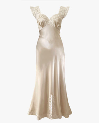 Romy bias-cut silk midi dress in Affogato with Leavers lace