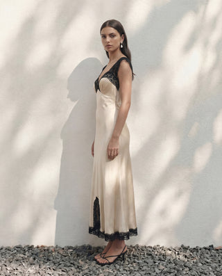 Romy silk midi dress in Truffle with lace trim