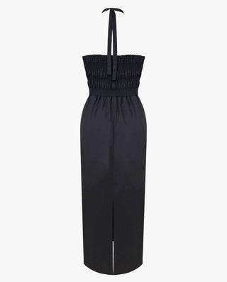 Sylvie cotton poplin halter dress in black with elasticated shirring at back