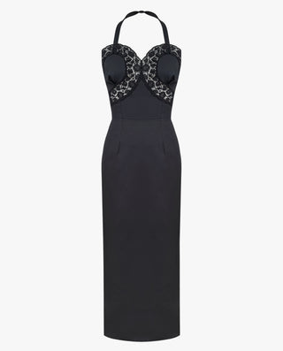 Sylvie cotton poplin halter dress in black with British-made Leavers lace