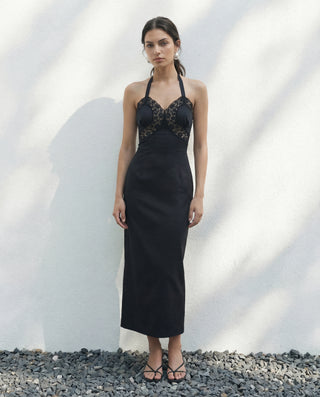 Sylvie cotton poplin halter dress in Black with Leavers lace