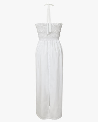 Sylvie cotton poplin halter dress in white with elasticated shirring at back