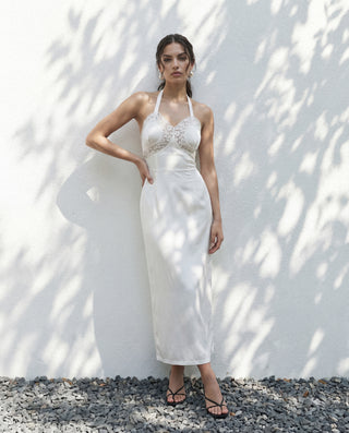 Front view of Sylvie cotton poplin halter dress in White