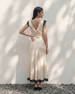 Back view of Romy silk midi dress in Truffle with low V back