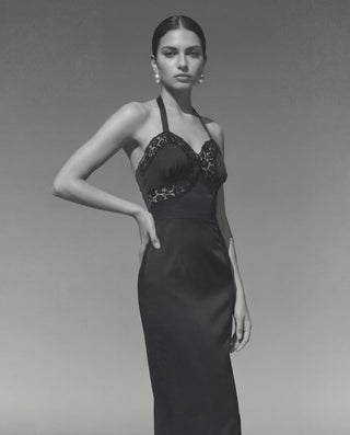 Sylvie cotton poplin halter dress in Black with Leavers lace