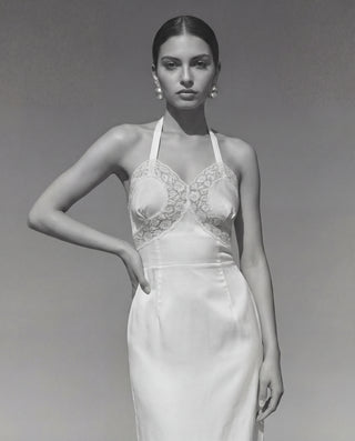 Detail of Leavers lace trim on Sylvie cotton poplin dress in white